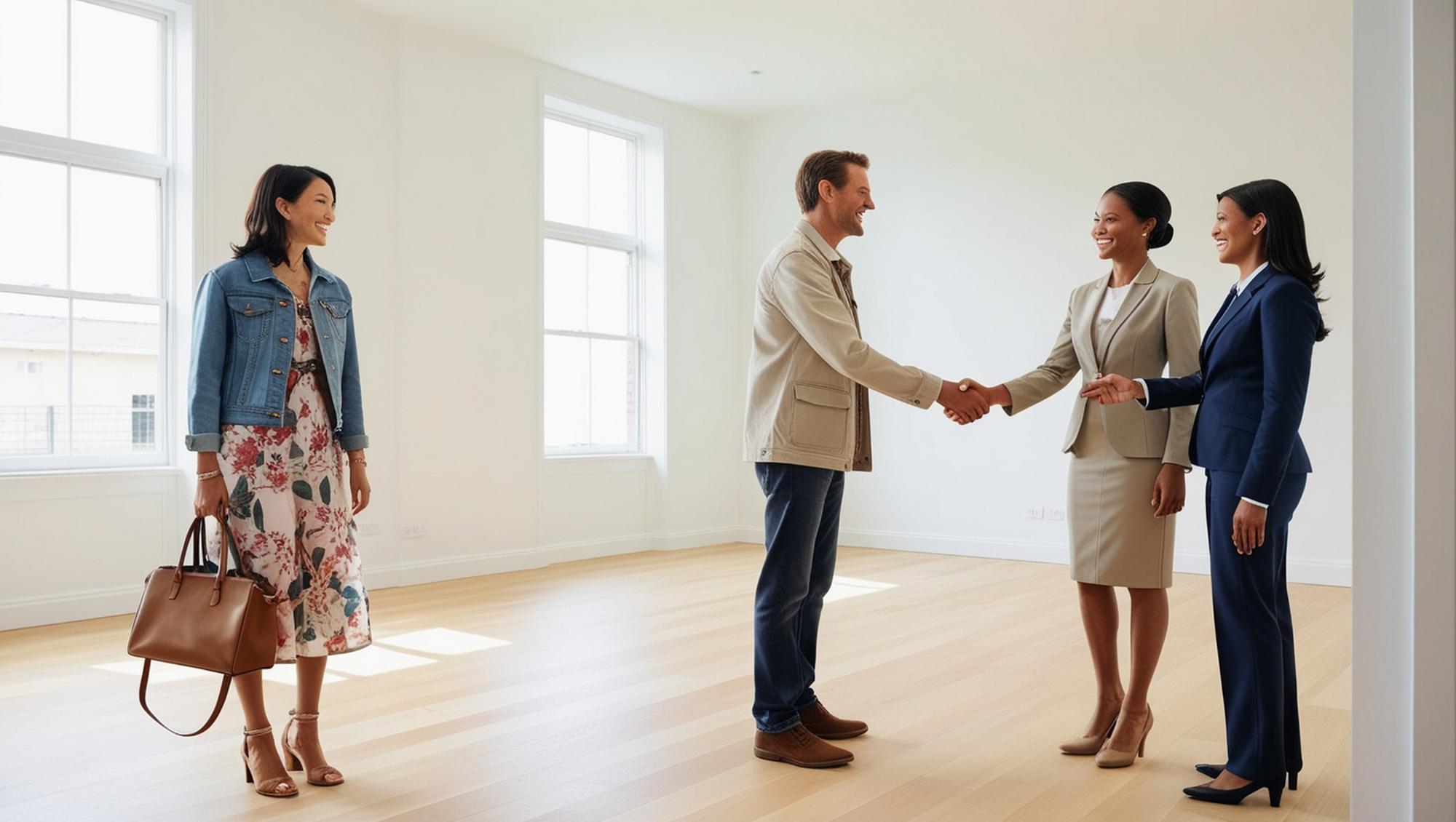 agent shaking hands with owner in apartment