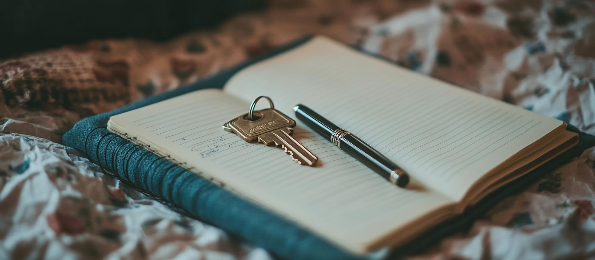 notebook with contract and keys